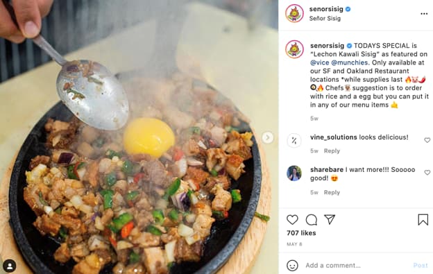 Le géant californien de la cuisine de rue philippine Senor Sisig (@senorsisig) publie régulièrement une simple photo de son sisig le plus vendu sur instagram.